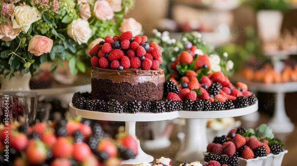 Poster A table adorned with a brownie cake and an array of fresh berries