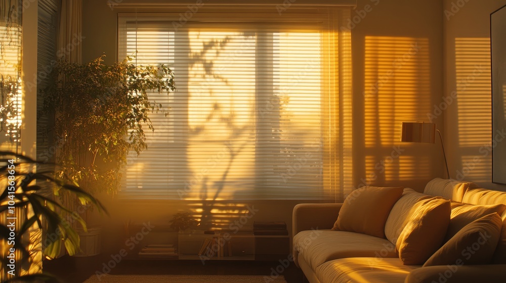 Poster soft golden light streams through window blinds illuminating a serene living space