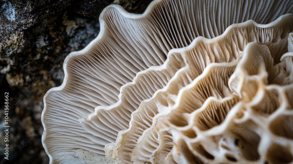 Poster intricate textures and organic forms of a mushroom cap captured in close up photography