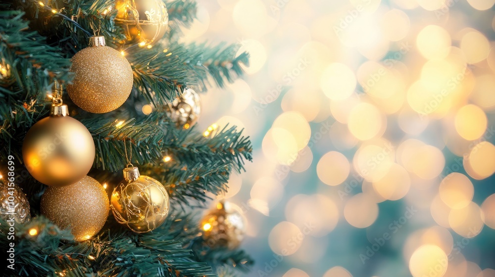 Aufkleber christmas tree adorned with golden baubles against a soft bokeh backdrop