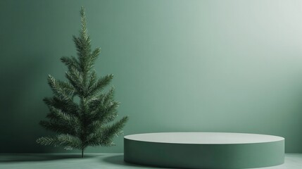 A minimalistic setting featuring a podium accompanied by a Christmas pine tree against a green backdrop