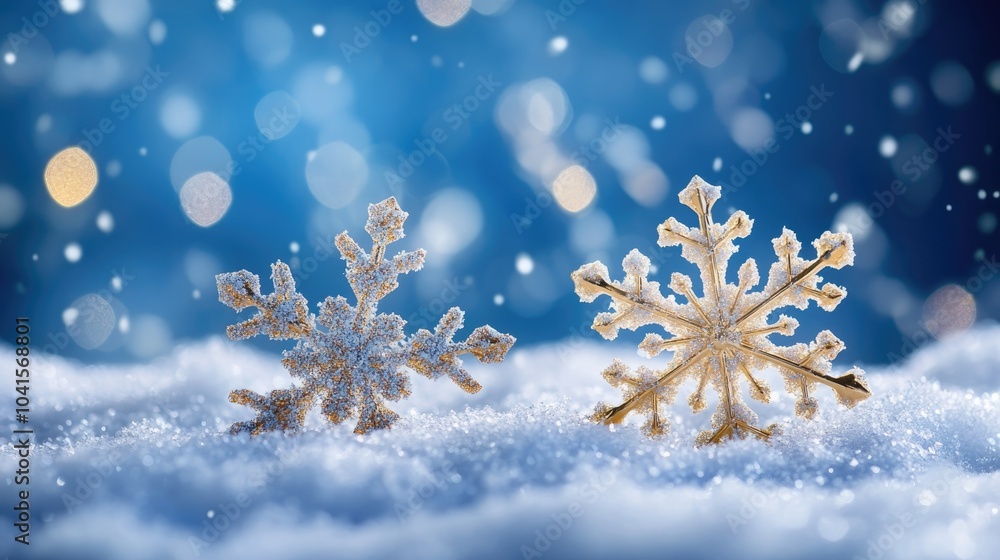 Poster elegant snowflakes adorned with decoration resting on snow with a blue natural backdrop featuring fa