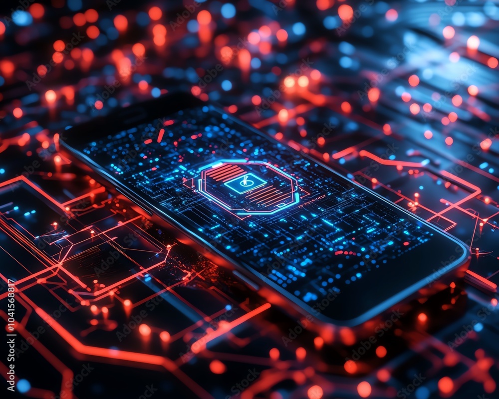 Poster 3D visualization of a smartphone displaying a cybersecurity icon, complemented by a digital wireframe backdrop, vibrant and engaging design, modern technology