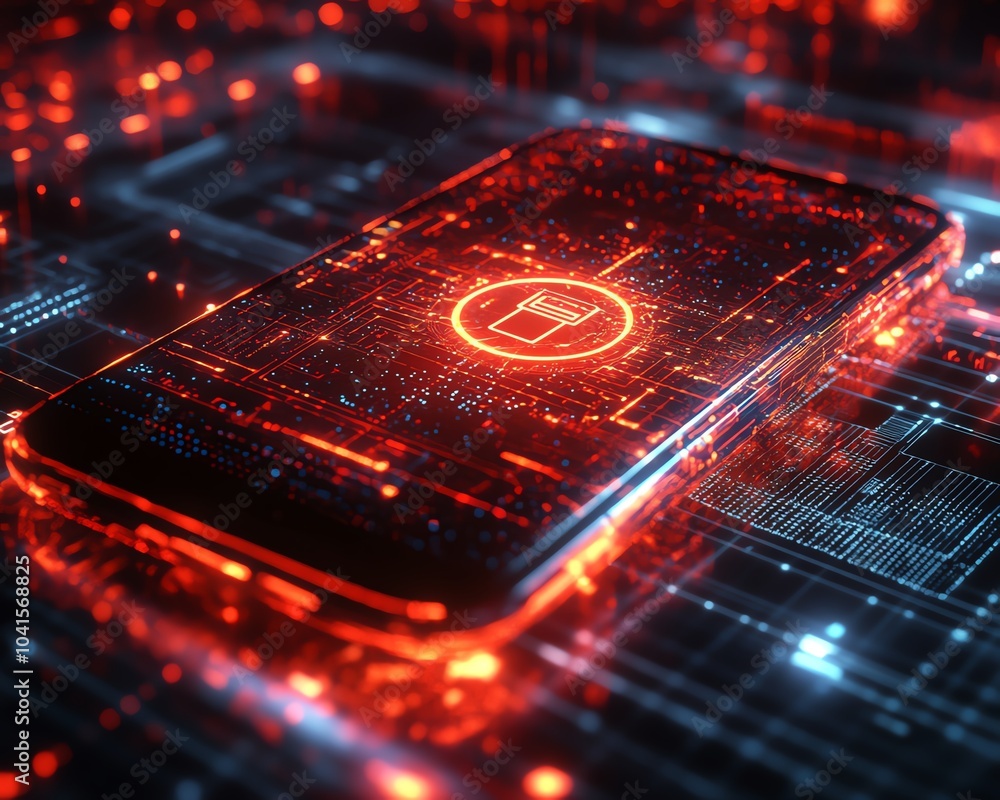 Poster 3D visualization of a smartphone displaying a cybersecurity icon, complemented by a digital wireframe backdrop, vibrant and engaging design, modern technology