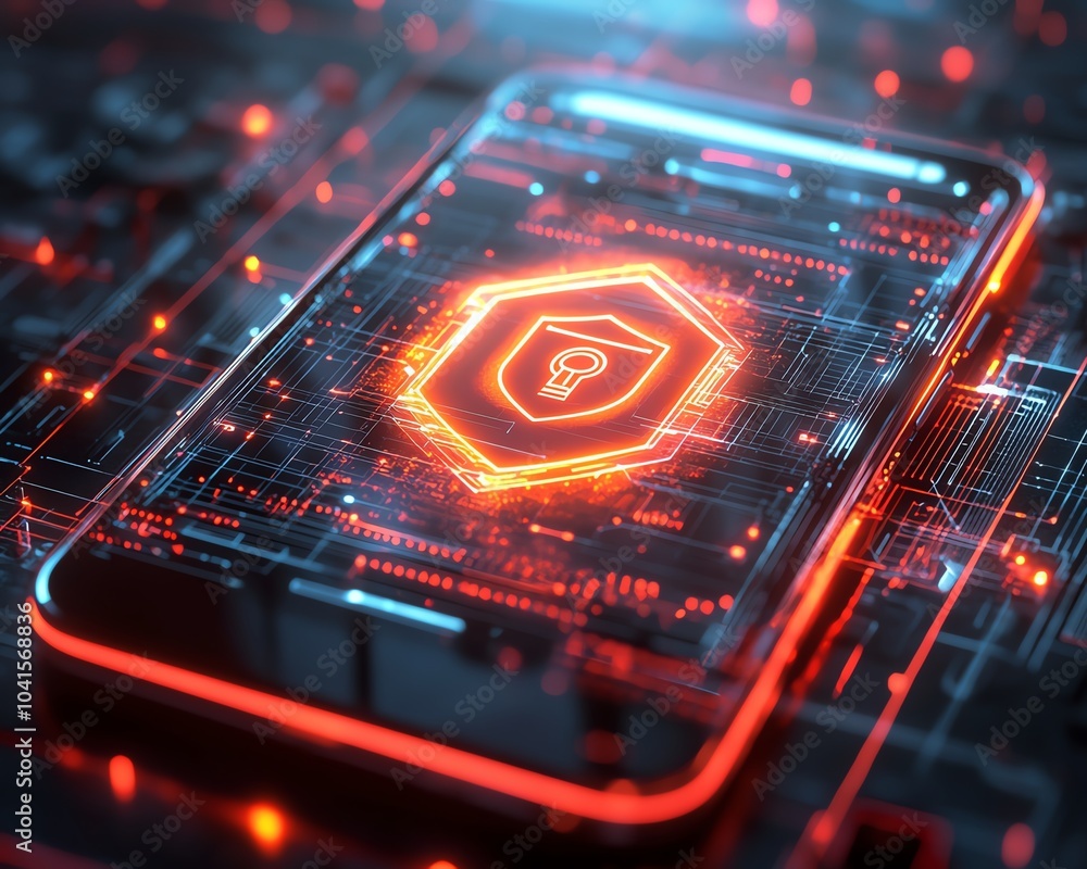 Fototapete 3D visualization of a smartphone displaying a cybersecurity icon, complemented by a digital wireframe backdrop, vibrant and engaging design, modern technology
