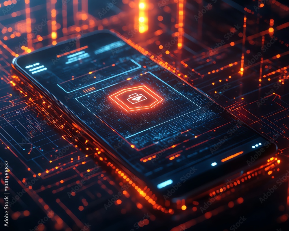 Leinwandbilder 3D visualization of a smartphone displaying a cybersecurity icon, complemented by a digital wireframe backdrop, vibrant and engaging design, modern technology