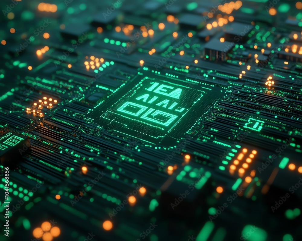 Poster 3d visualization of ai text on a green digital code backdrop, modern aesthetics, hightech design, en