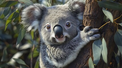 Obraz premium A cute koala bear with big eyes and a black nose, clinging to a tree trunk in its natural habitat.