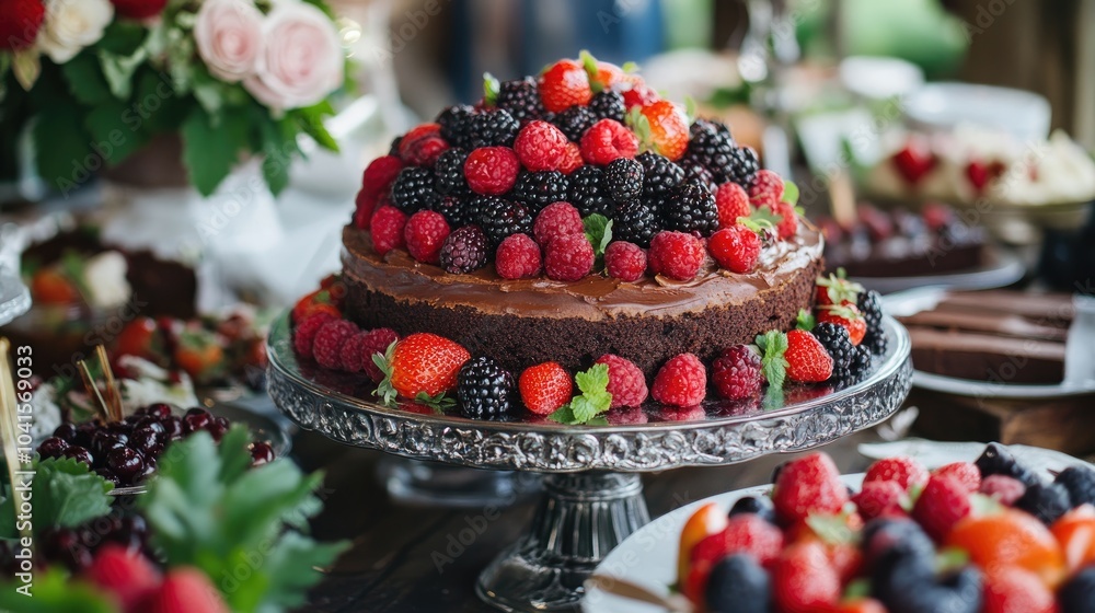 Poster A table adorned with a brownie cake and an array of fresh berries
