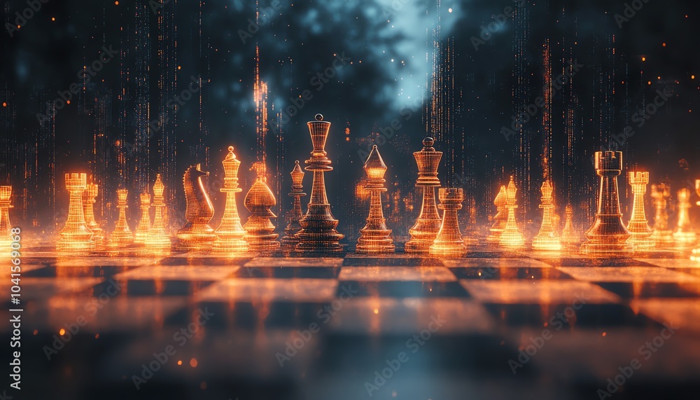 Fototapete abstract chessboard design with glowing candlestick forex chart on a soft gray bokeh background, 3d 