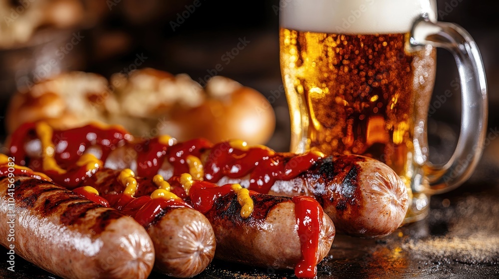 Poster sizzling sausages topped with ketchup and mustard served alongside a refreshing mug of beer