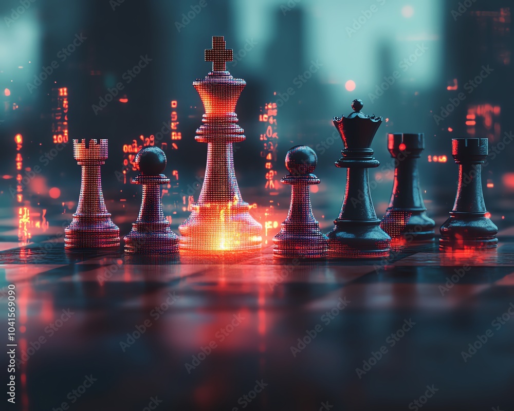 Poster abstract chessboard with a vibrant growing candlestick forex chart on a soft gray bokeh background, 