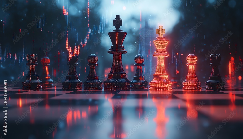 Fototapete abstract chessboard design with glowing candlestick forex chart on a soft gray bokeh background, 3d 