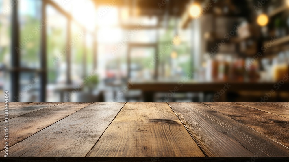 Aufkleber Abstract blurred wooden table texture with a clean office window backdrop creating a serene atmosphere for a Christmas breakfast scene in a modern grocery shop illuminated by soft summer light