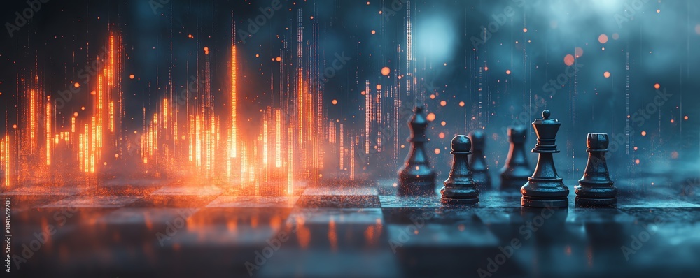 Poster Abstract chessboard with a glowing candlestick forex chart overlay on a blurry gray bokeh background, 3D rendering, strategy and business planning concept, double exposure