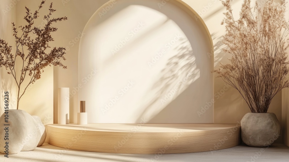 Poster studio podium backdrop ideal for product display featuring a blank showcase mockup with natural elem
