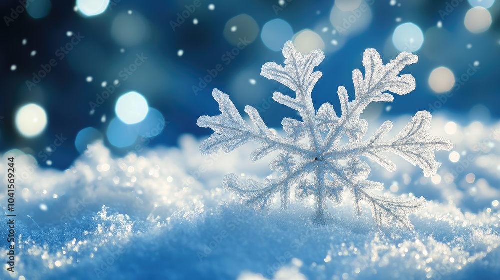 Poster elegant snowflakes adorned with decoration resting on snow with a blue natural backdrop featuring fa