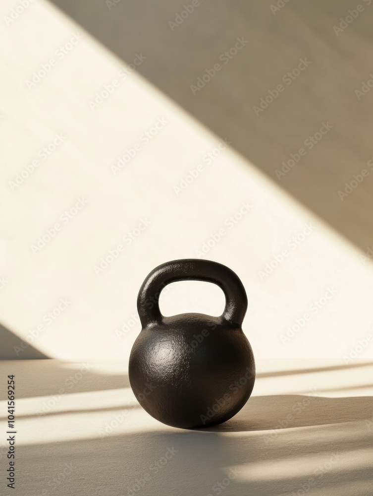 Poster the black kettlebell sits elegantly on a surface, bathed in soft natural light, highlighting its smo