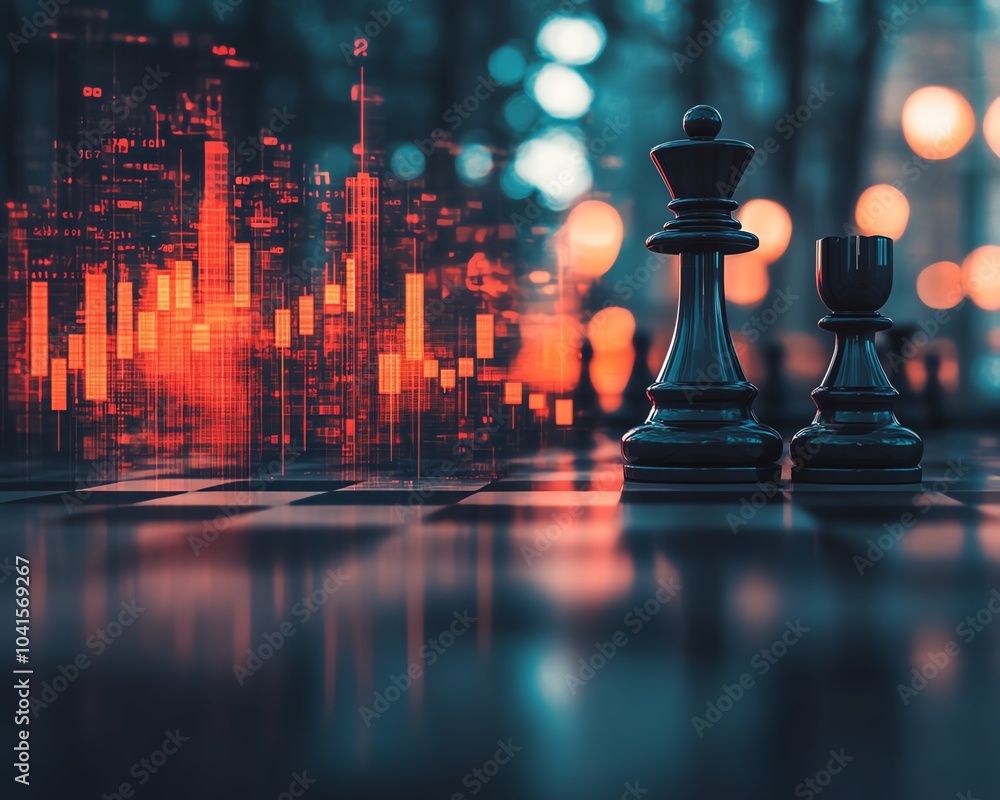Fototapete abstract chessboard with a vibrant growing candlestick forex chart on a soft gray bokeh background, 