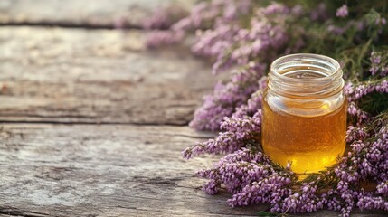 Honey in a jar surrounded by heather flowers on a rustic wooden table Ample space available for text