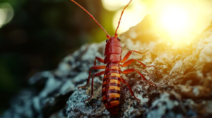 A red and black beetle with long antennae sits on a tree trunk. The sun is shining in the background.