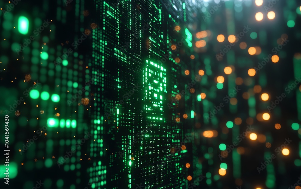 Poster ai text displayed against a green digital code background, 3d rendering, modern design, futuristic a