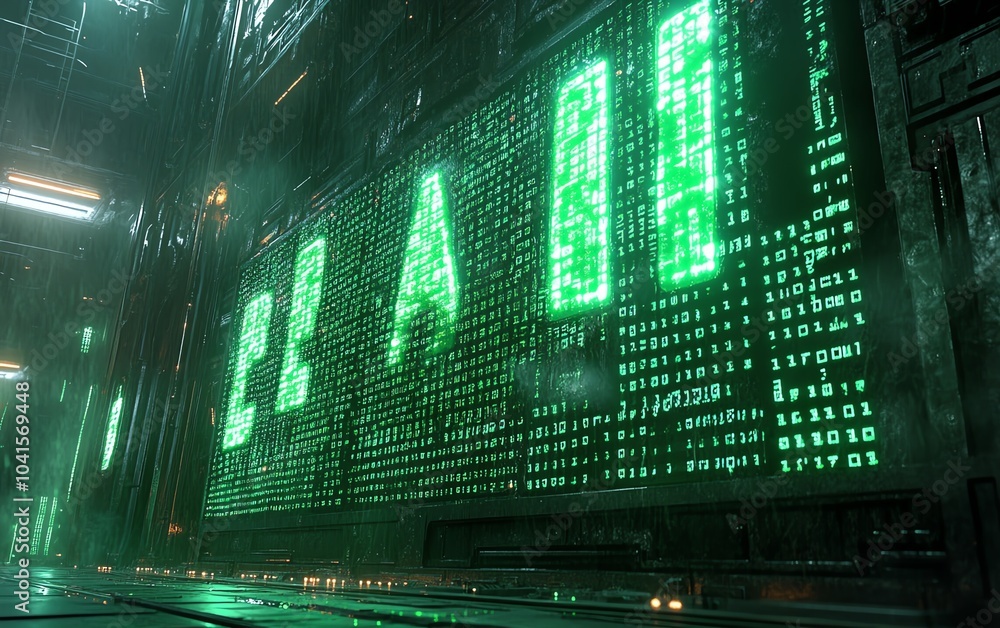 Poster ai text displayed against a green digital code background, 3d rendering, modern design, futuristic a