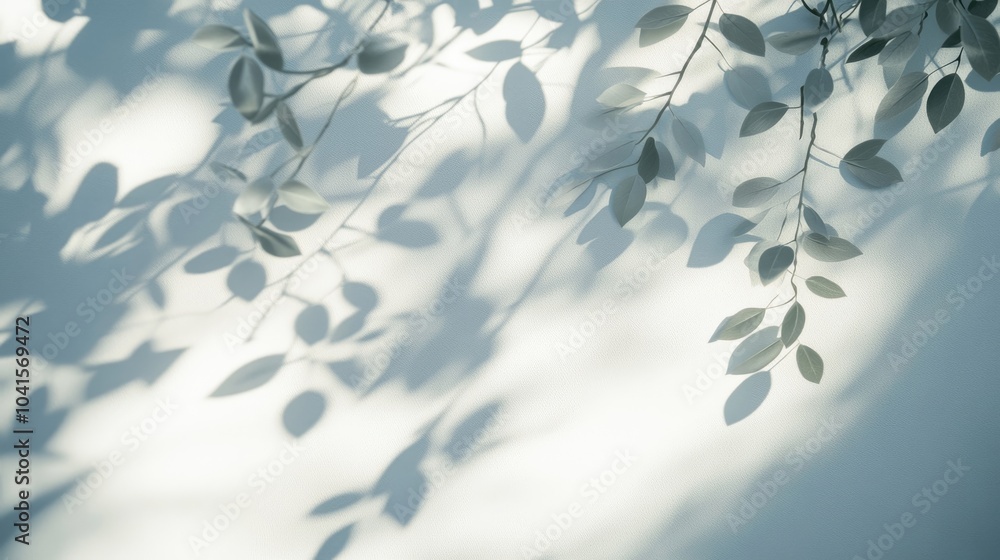 Poster Blurred leaf shadows on a white wall create a minimalist abstract background ideal for product displays Perfect for spring and summer themes
