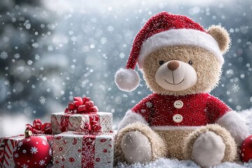 Christmas teddy bear wearing santa claus outfit and hat sitting among gifts, and presents outdoors. Generative Ai