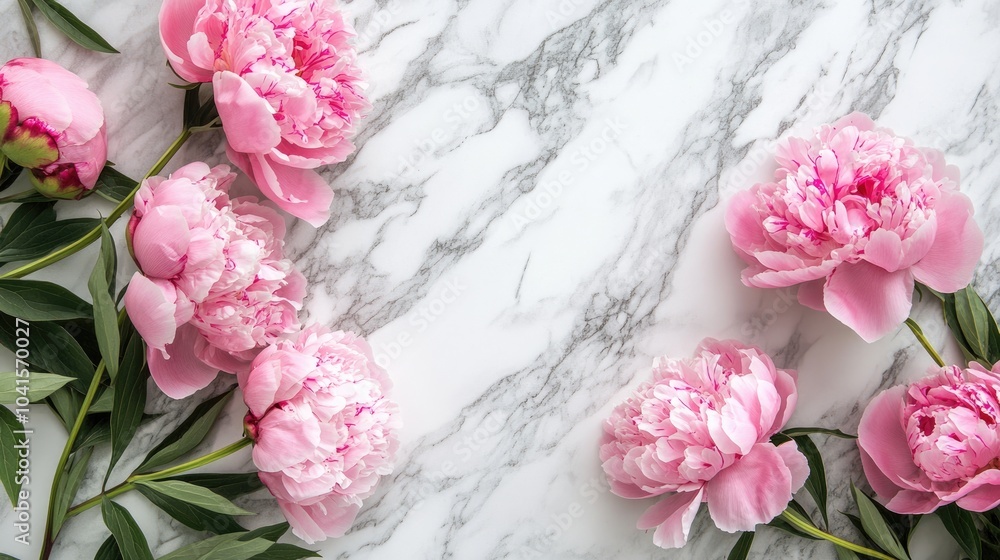 Aufkleber pink peonies against a soft marble background space for text flat lay composition