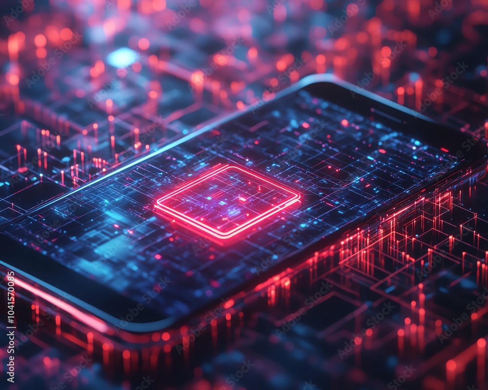 Fototapete Cybersecurity icon displayed on a smartphone screen against a digital wireframe background, 3D rendering, modern design, hightech visuals, secure technology