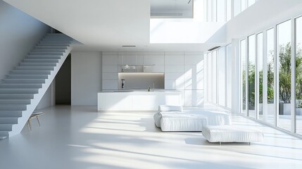 Obraz premium Luxurious white kitchen and living room in a spacious house, 3D render