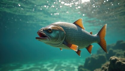 Fototapeta premium A fish is actively swimming in the vast ocean with its mouth open wide