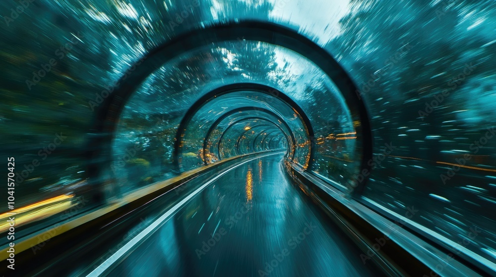 Poster blurred abstract motion on a road within a glass tunnel submerged underwater