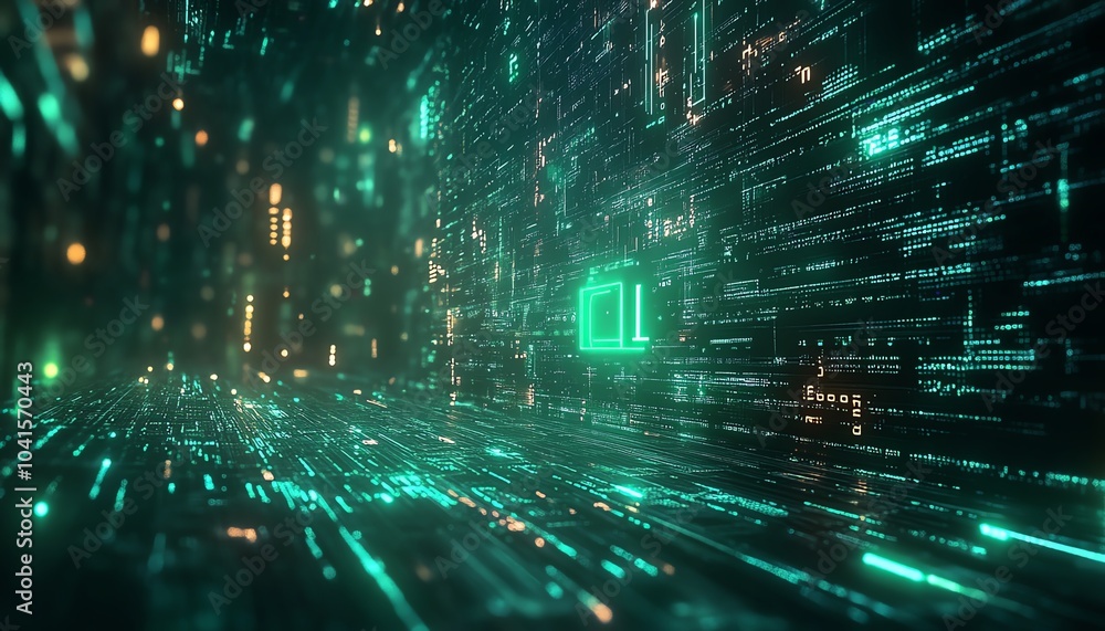 Aufkleber Futuristic AI text overlaid on a green digital code background, 3D rendering, modern and organized layout, techfocused design, vibrant visuals