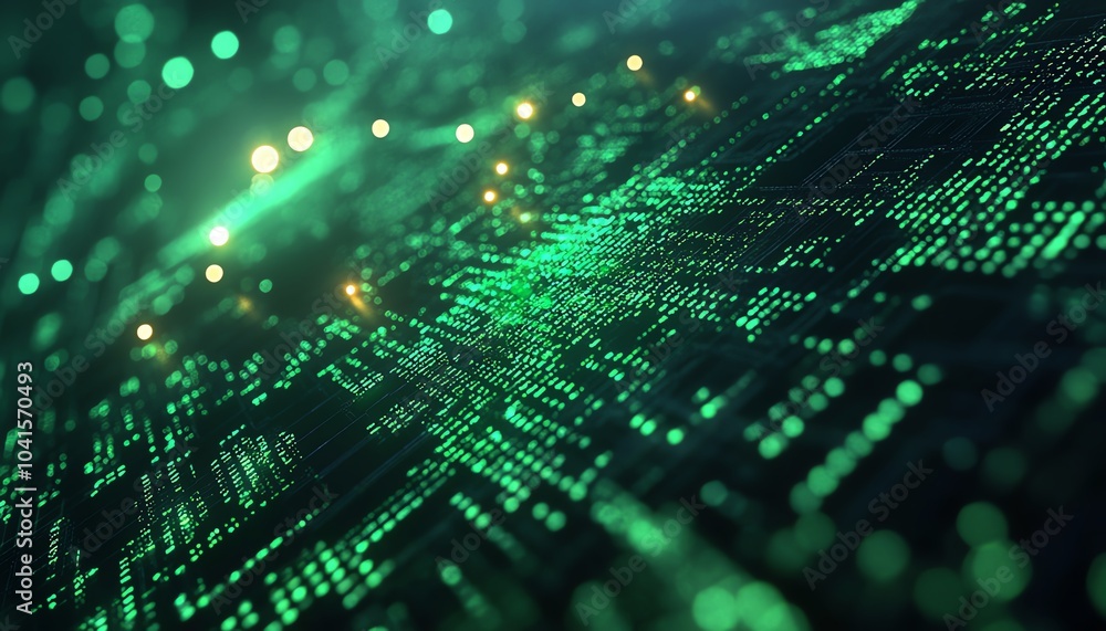 Aufkleber futuristic ai text overlaid on a green digital code background, 3d rendering, modern and organized l
