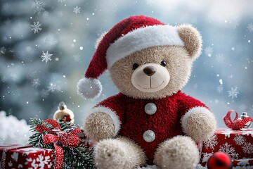 Christmas teddy bear wearing santa claus outfit and hat sitting among gifts, and presents outdoors. Generative Ai