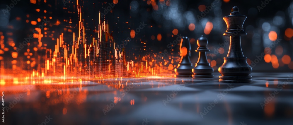 Leinwandbilder glowing candlestick forex chart overlaid on an abstract chessboard with a blurry gray bokeh backgrou