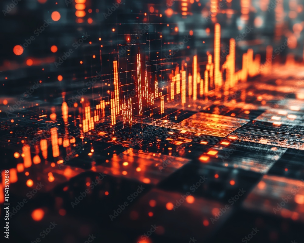Leinwandbilder glowing candlestick forex chart on an abstract chessboard with a soft gray bokeh background, 3d rend