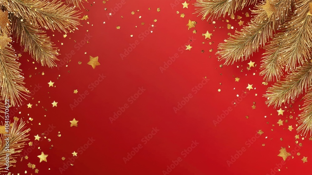 Poster festive banner for christmas and new year featuring a border of soft gold fir branches and scattered
