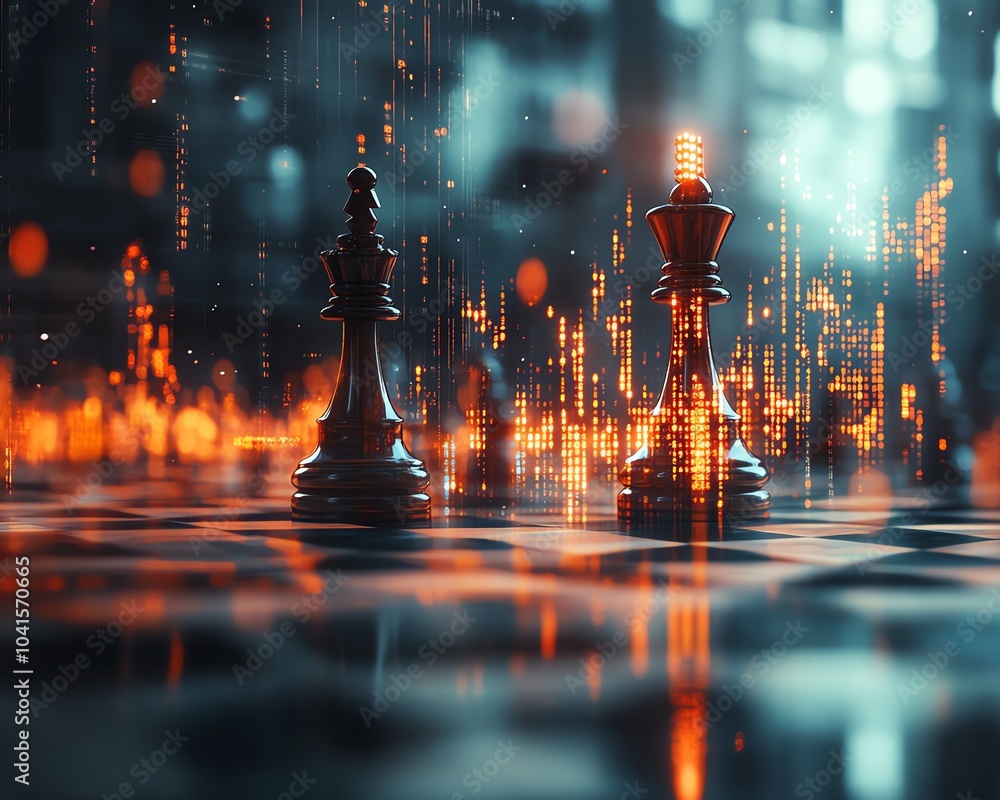 Leinwandbilder Glowing candlestick forex chart on an abstract chessboard with a soft gray bokeh background, 3D rendering, business planning and strategy theme, double exposure