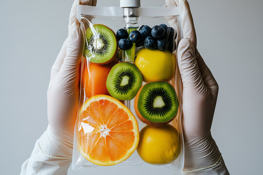 Nurse hand holding a iv bottle bag of slice of kiwi apple and orange fruit