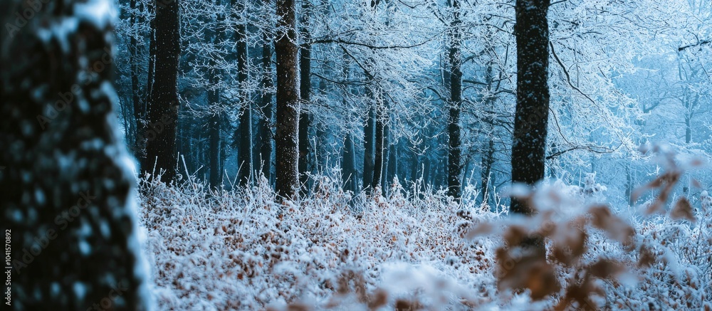 Poster a closeup shot of trees in the forest covered in snow in winter