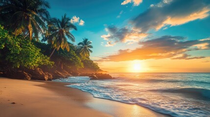 Stunning tropical island beach landscape during sunrise