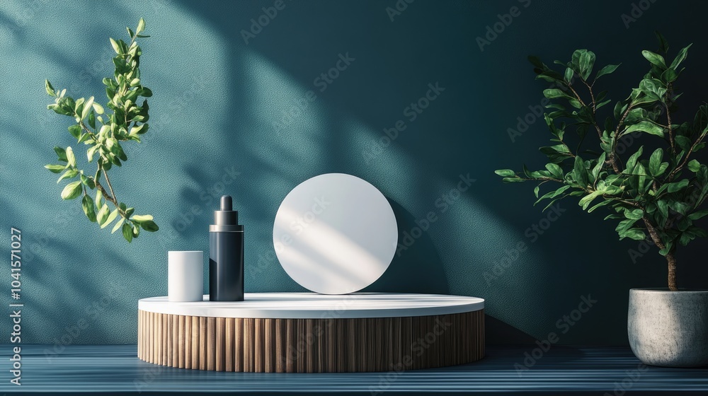 Poster studio podium backdrop ideal for product display featuring a blank showcase mockup with natural elem