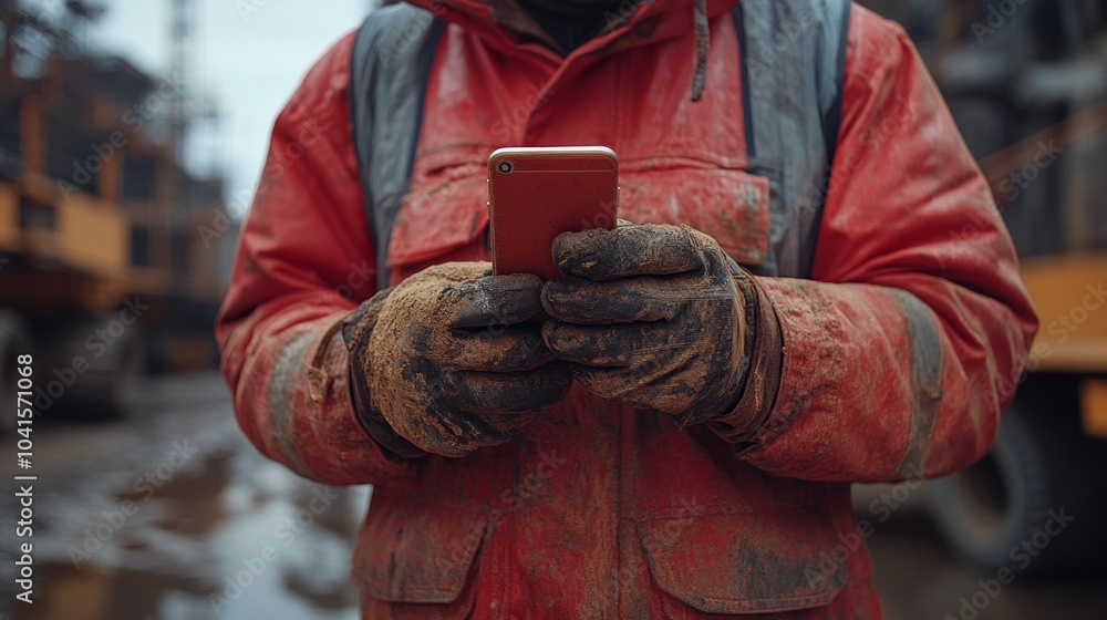 Poster a man in a red jacket is using his cell phone