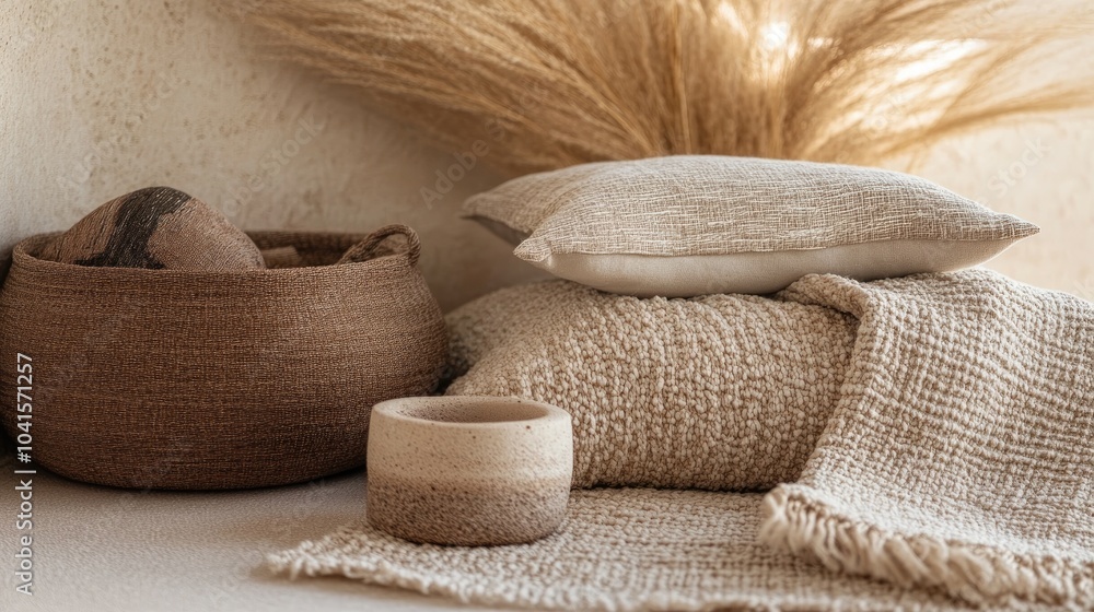 Poster close up of textured fabrics and accessories highlighting desert inspired design featuring earthy to