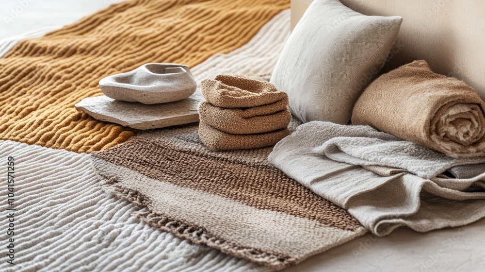 Poster close up of textured fabrics and accessories highlighting desert inspired design featuring earthy to