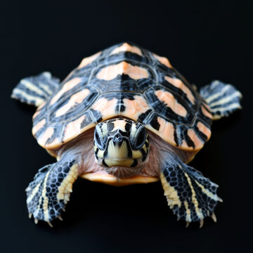 A small turtle with a black and orange shell looking directly at the camera on a black background.