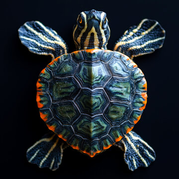 A small turtle with a patterned shell, viewed from above.